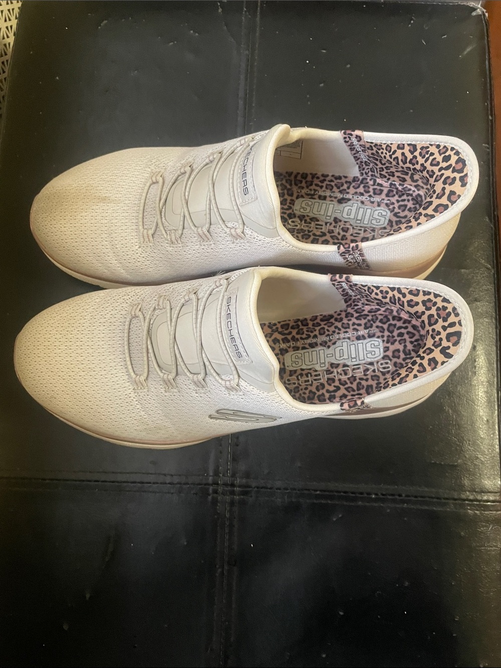 Skechers Women's White Slip-On Knit Sneakers with Leopard Lining
